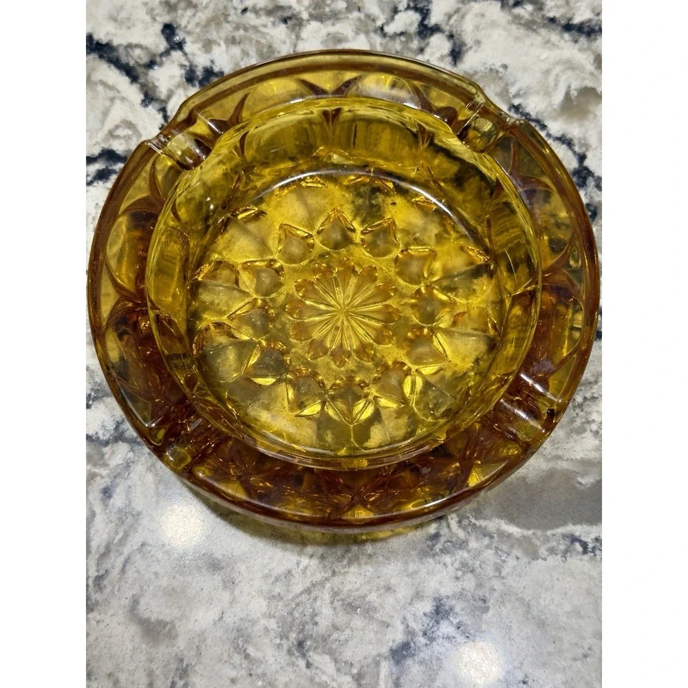 Vintage MCM Amber Glass Ashtray Anchor Hocking Fairfield Starburst 4 Slot HEAVY